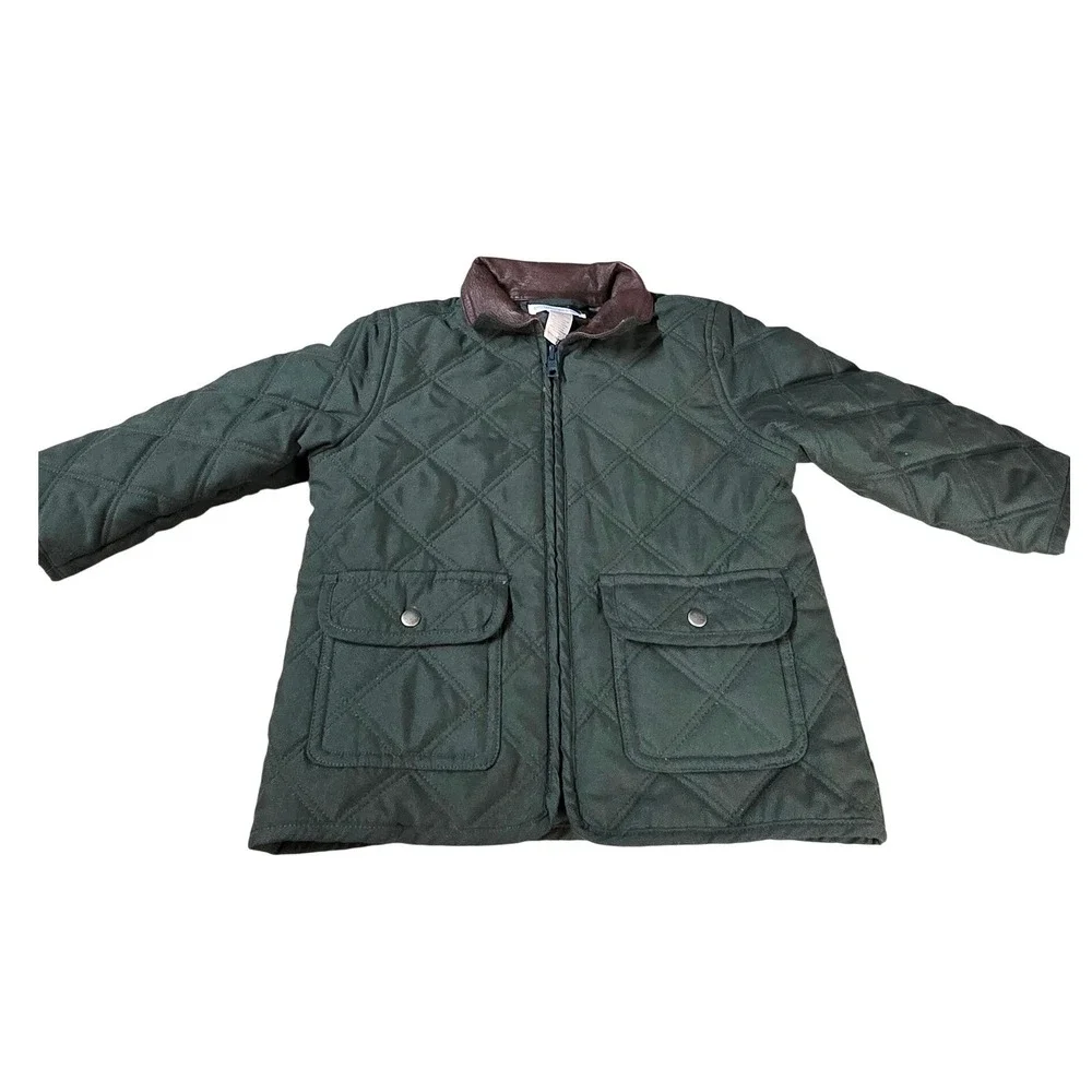 Janie and Jack 12-24 Months Green Quilted Field Jacket Faux Brown Leather Collar